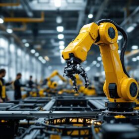 A photograph of a modern industrial robotic arm in action