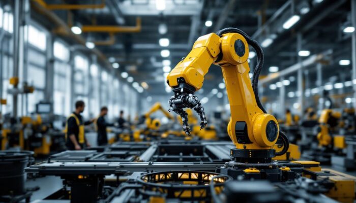 A photograph of a modern industrial robotic arm in action