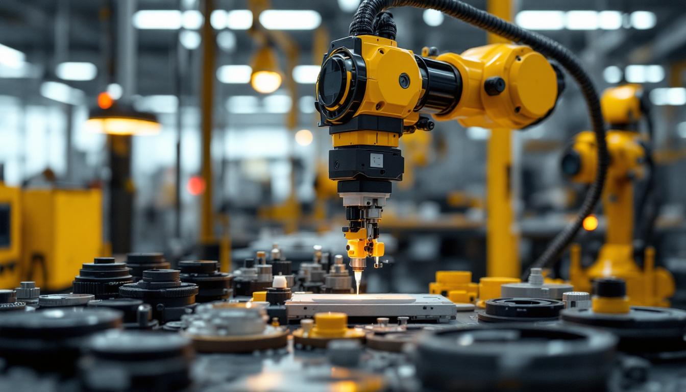 A photograph of a sleek adhesive dispensing robot in action