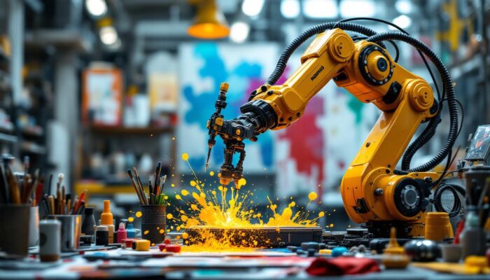 A photograph of a dynamic industrial robotic arm in action
