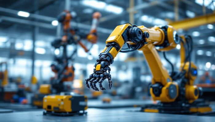 A photograph of a sleek industrial robotic arm in action