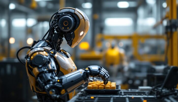 A photograph of a sleek industrial robot in action