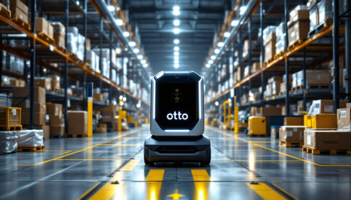 A photograph of a sleek otto agv (automated guided vehicle) in an industrial setting