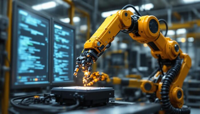 A photograph of a robotic arm in an industrial setting