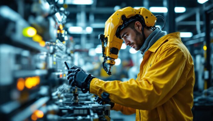 A photograph of a skilled technician programming or operating an industrial robot in a modern manufacturing setting