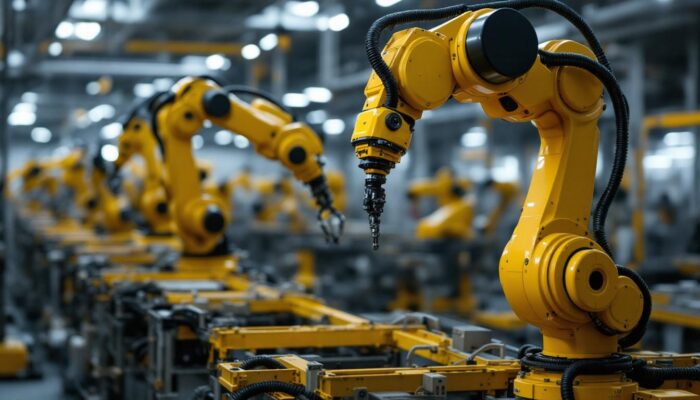A photograph of a variety of industrial robotic arms in action within a manufacturing setting