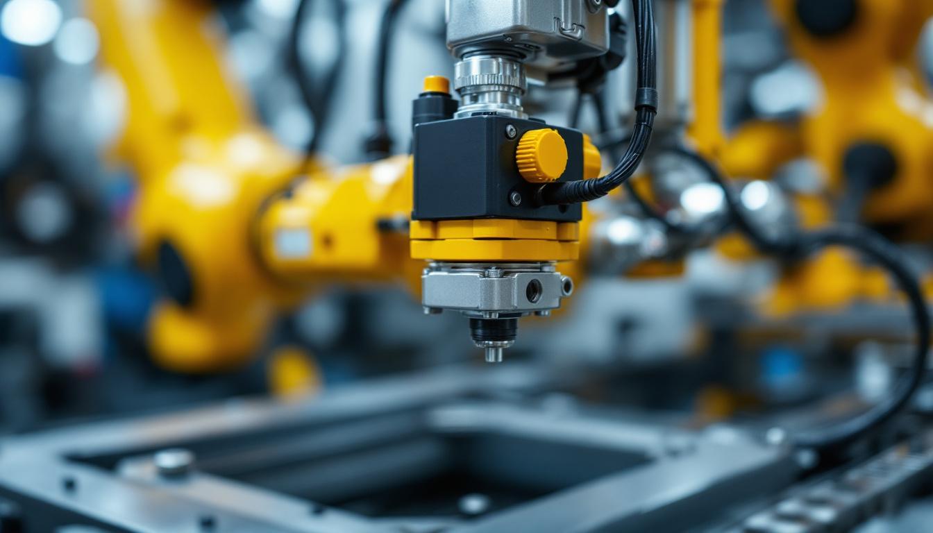 A photograph of a close-up view of a 3-wire asco solenoid valve installed in an industrial robotic setup