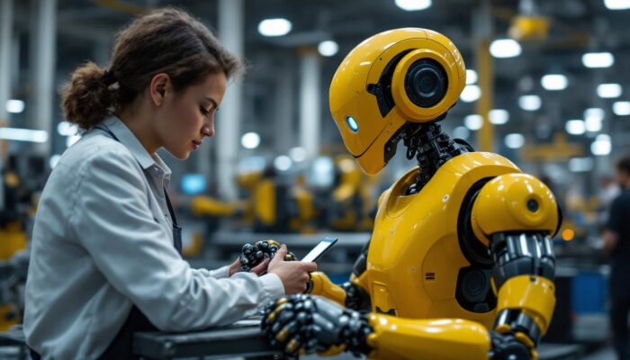 A photograph of a collaborative robot (cobot) working alongside a human in an industrial setting