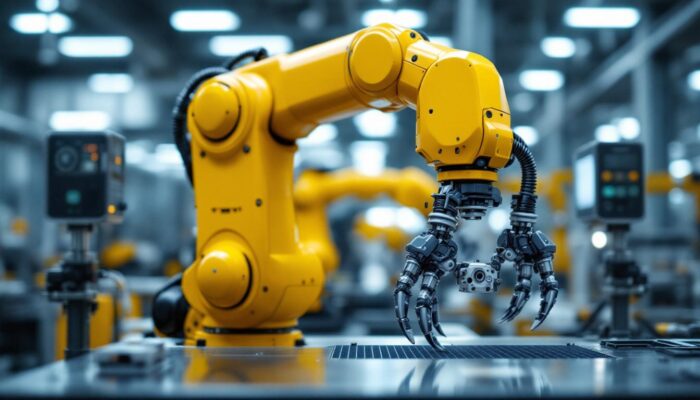A photograph of a sleek industrial robotic arm in action