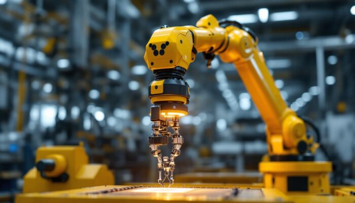 A photograph of a sleek industrial robotic arm in action