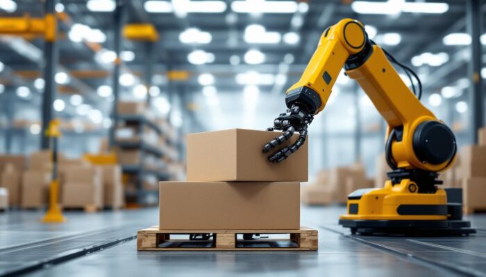 A photograph of a sleek industrial robot in action