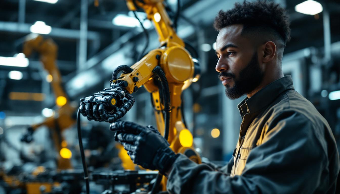 A photograph of a skilled technician programming or operating an industrial robot in a modern manufacturing setting