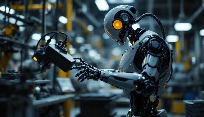 A photograph of a sleek industrial robot in action within a manufacturing environment