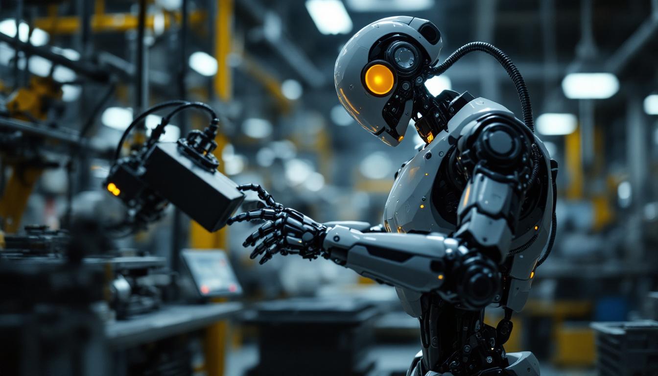 A photograph of a sleek industrial robot in action within a manufacturing environment