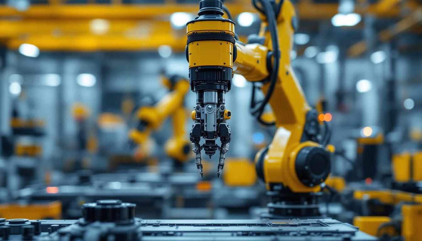 A photograph of a sleek industrial robotic arm in action