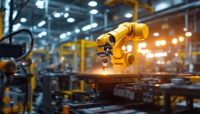 A photograph of a sleek industrial robotic arm in action