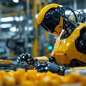 A photograph of a sleek industrial robot in action within a modern manufacturing environment