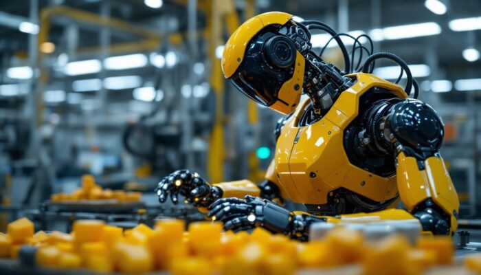 A photograph of a sleek industrial robot in action within a modern manufacturing environment