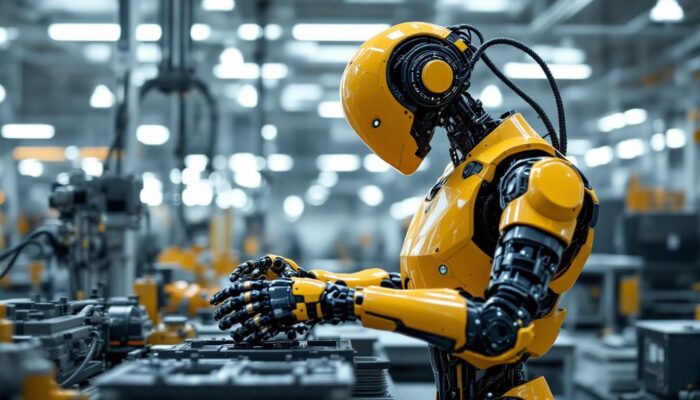 A photograph of a sleek industrial robot in action within a manufacturing environment
