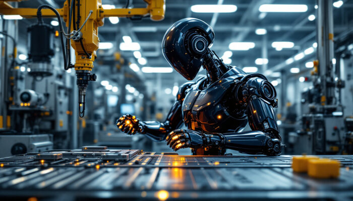 A photograph of a sleek industrial robot in action within a modern manufacturing environment