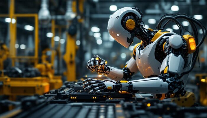 A photograph of a sleek industrial robot in action on a factory floor
