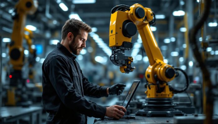 A photograph of a skilled technician programming an industrial robot in a modern manufacturing environment