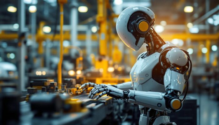 A photograph of a sleek industrial robot in action within a factory setting