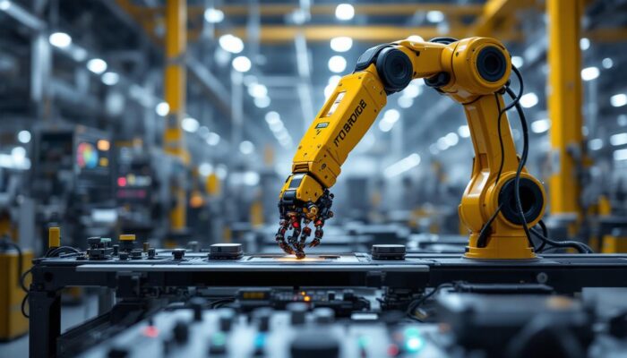 A photograph of a sleek industrial robotic arm in action