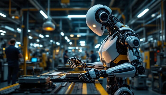A photograph of a sleek industrial robot in action