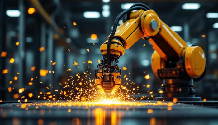 A photograph of a dynamic industrial robot in action