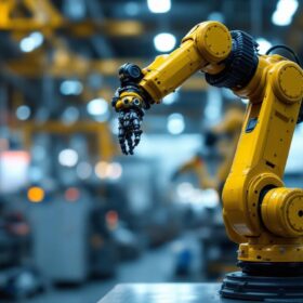 A photograph of a robotic arm in action within an industrial setting