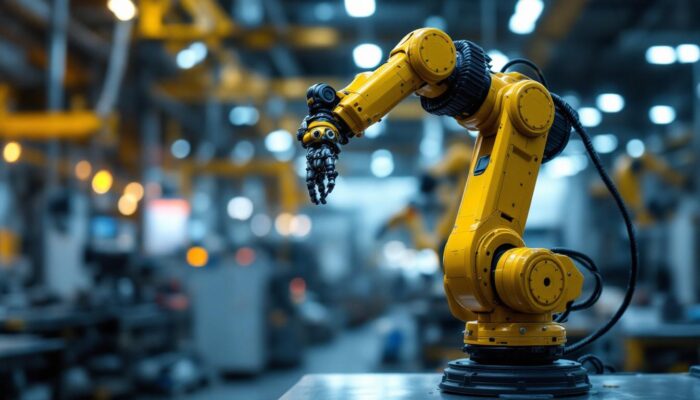 A photograph of a robotic arm in action within an industrial setting
