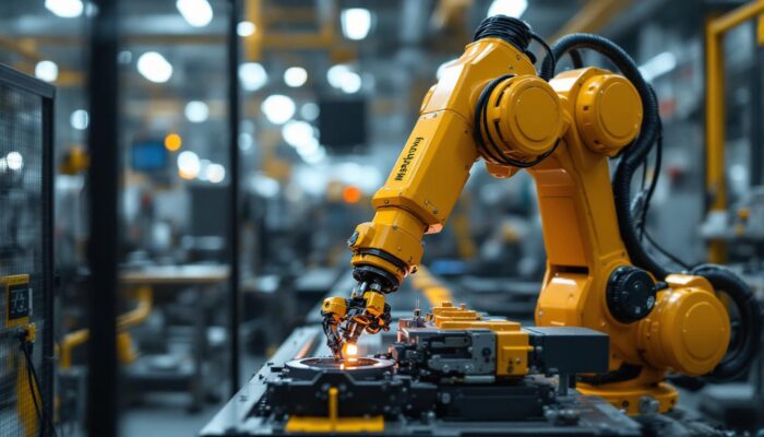 A photograph of a melton machine industrial robot in action within a manufacturing setting