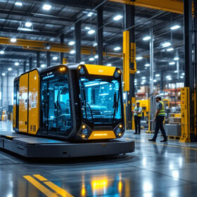 A photograph of capture a photograph of an automated guided vehicle (agv) navigating through a modern industrial warehouse