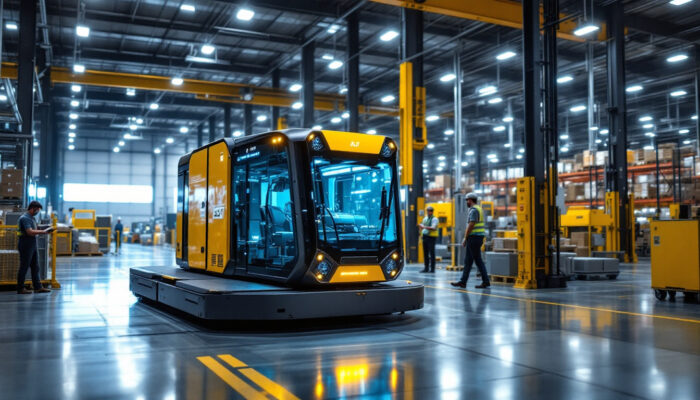A photograph of capture a photograph of an automated guided vehicle (agv) navigating through a modern industrial warehouse