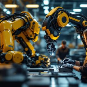 A photograph of a collaborative industrial robot in action within a manufacturing environment