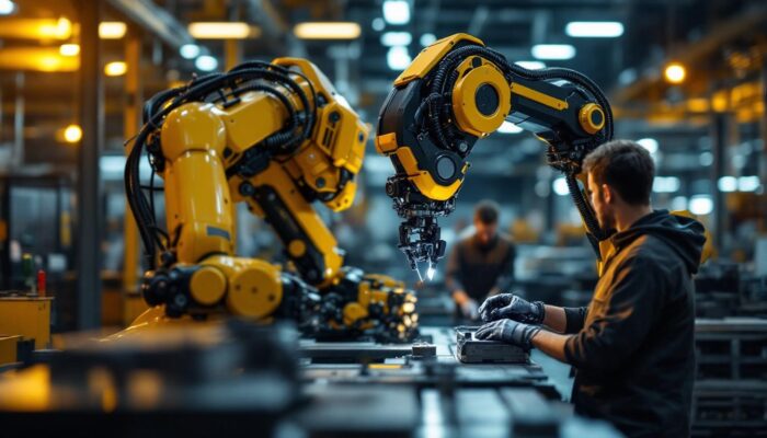 A photograph of a collaborative industrial robot in action within a manufacturing environment