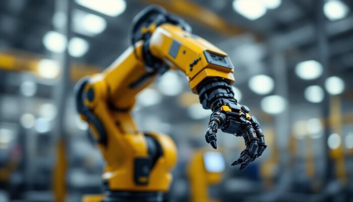 A photograph of a close-up of a robotic arm in an industrial setting