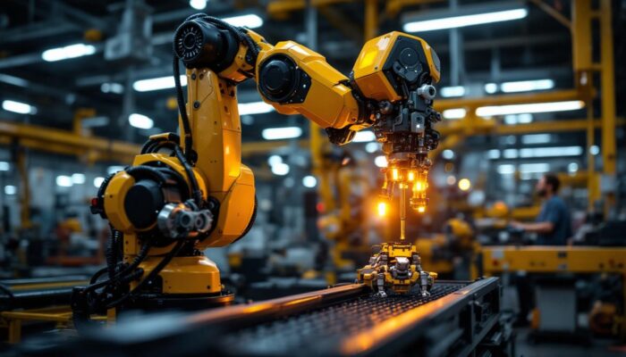 A photograph of a sleek industrial robot in action