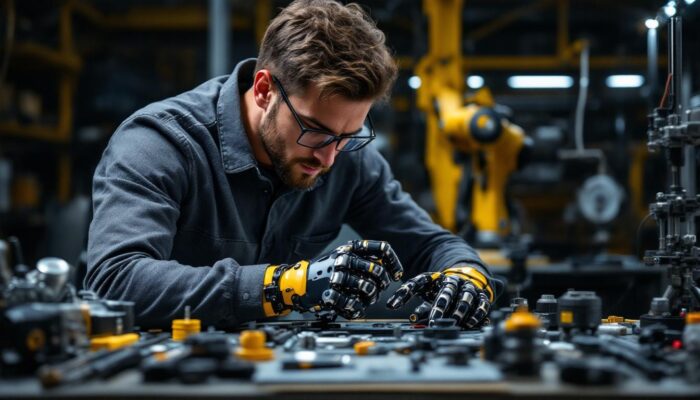 A photograph of a skilled engineer or designer working intently on a robotic hand prototype