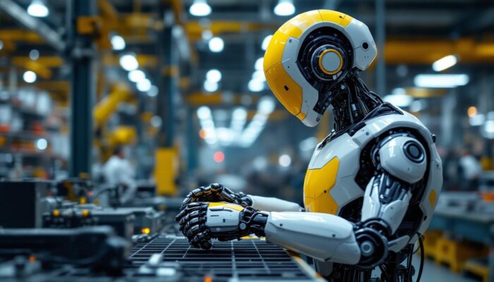 A photograph of a sleek industrial robot in action