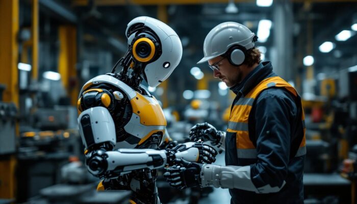 A photograph of a collaborative robot (cobot) working alongside a human in an industrial setting