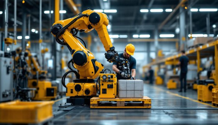 A photograph of a collaborative robot palletizer in action