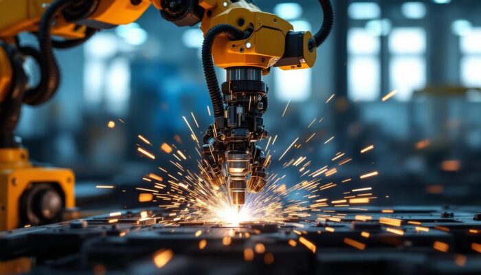 A photograph of a robotic welding arm in action