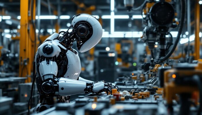 A photograph of a sleek industrial robot in action within a modern manufacturing environment