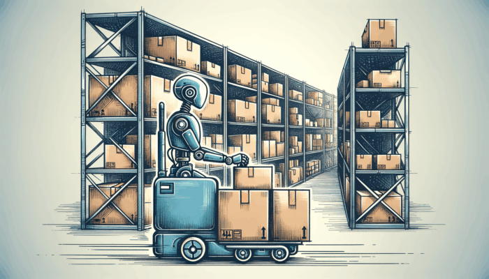 An inventory delivery robot navigating a modern warehouse