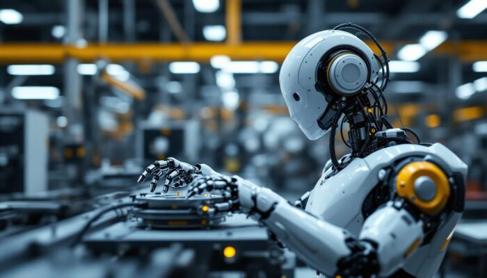 A photograph of a modern industrial robot in action within a manufacturing environment