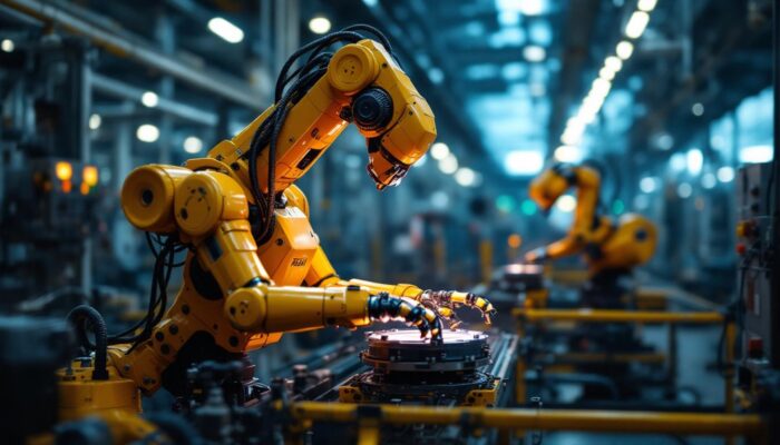 A photograph of a dynamic industrial robot in action within a manufacturing environment