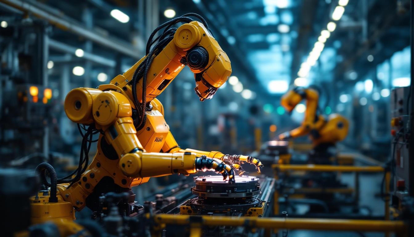 A photograph of a dynamic industrial robot in action within a manufacturing environment