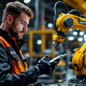 A photograph of a skilled technician interacting with a safety plane industrial robot in a well-lit manufacturing environment